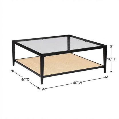 Black Glass Top Metal Coffee Table with Cane Shelf, Transitional Style