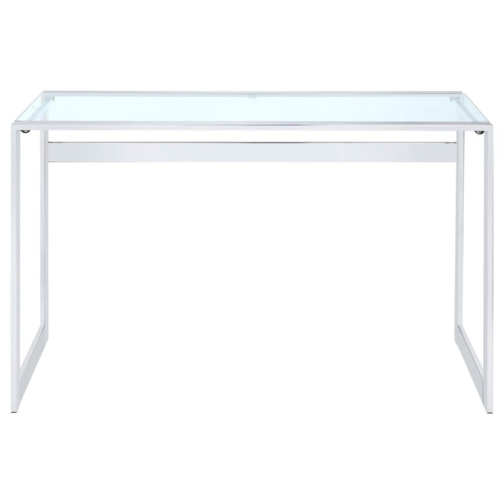 Modern Glass Top Desk with Chrome Metal Legs, Sleek Clear Glass Surface