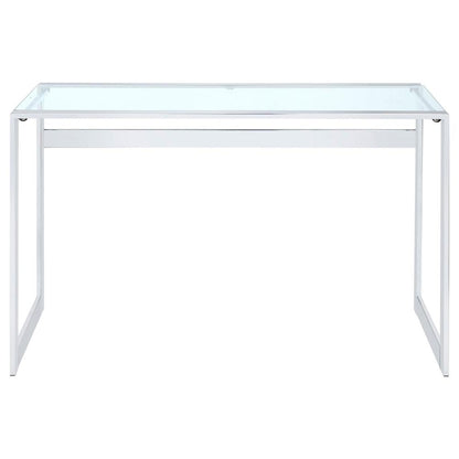 Modern Glass Top Desk with Chrome Metal Legs, Sleek Clear Glass Surface