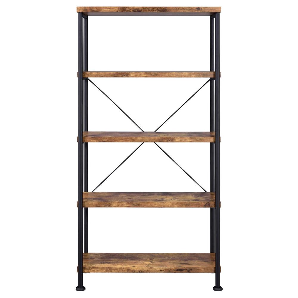 4-Shelf Wooden Bookcase in Antique Nutmeg with Industrial Design