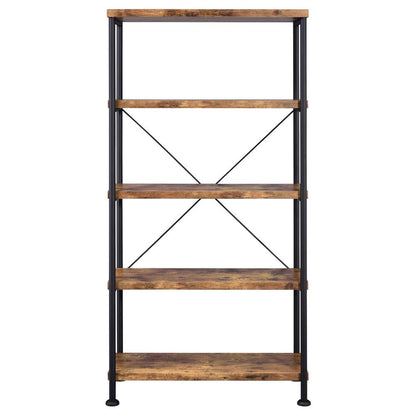 4-Shelf Wooden Bookcase in Antique Nutmeg with Industrial Design