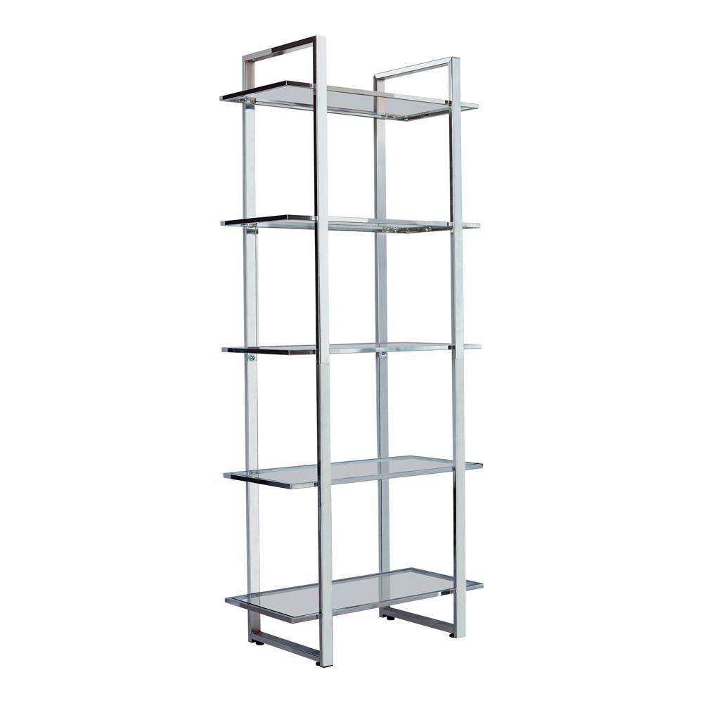Sleek Five-Tier Bookcase with Glass Shelves and Polished Chrome Frame