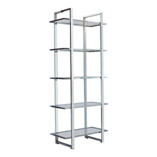 Sleek Five-Tier Bookcase with Glass Shelves and Polished Chrome Frame