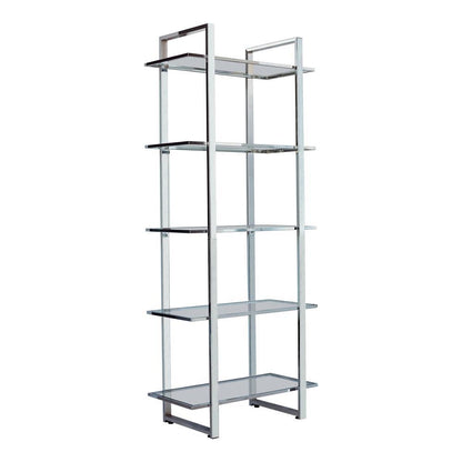 Sleek Five-Tier Bookcase with Glass Shelves and Polished Chrome Frame