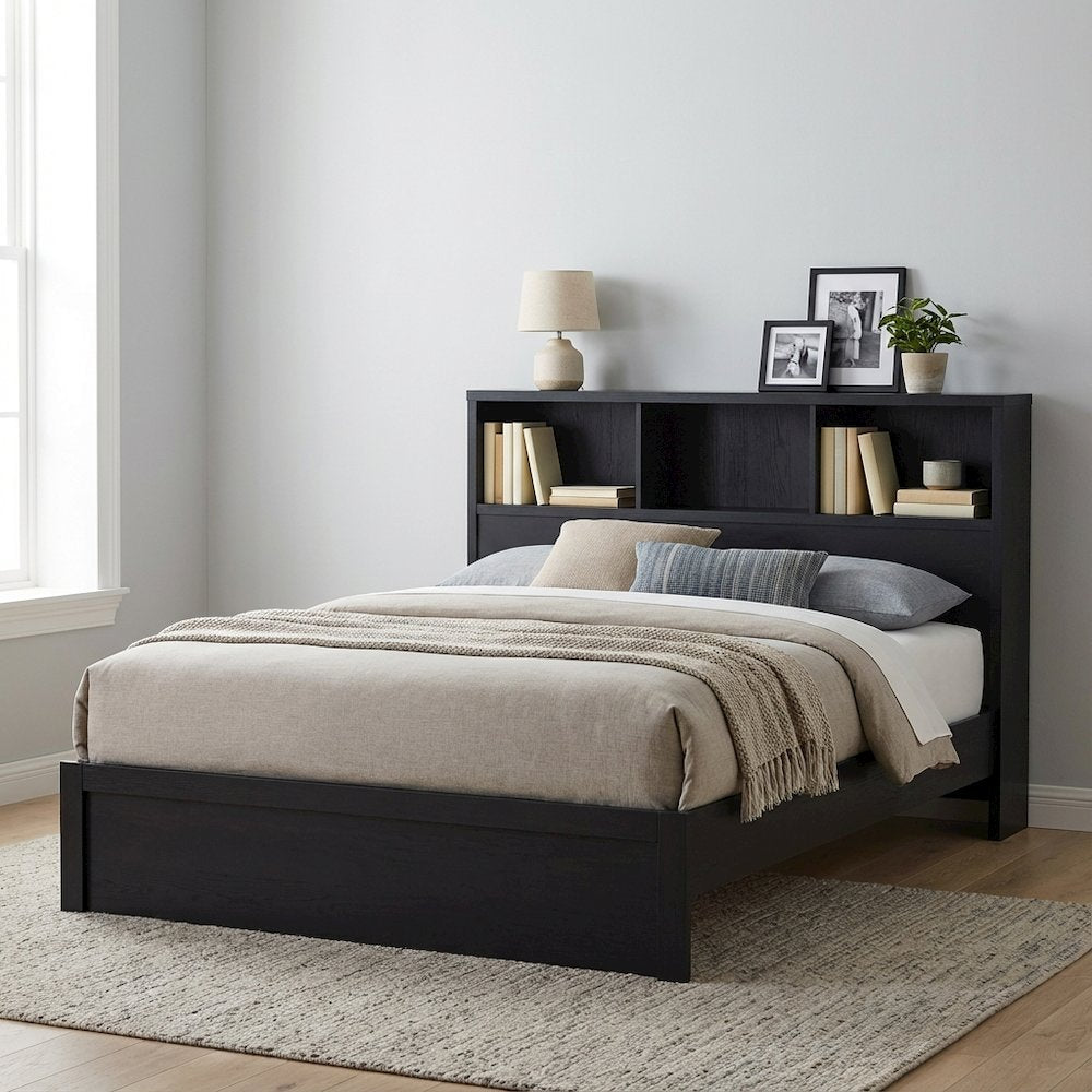 Black Queen Bookcase Headboard, Contemporary Design, Durable Plastic Glide