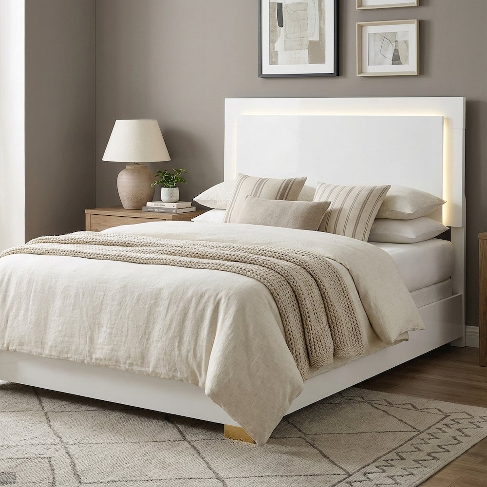 White Twin LED Panel Bed with Gold Metal Legs and Batten Slats