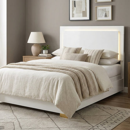 White Twin LED Panel Bed with Gold Metal Legs and Batten Slats