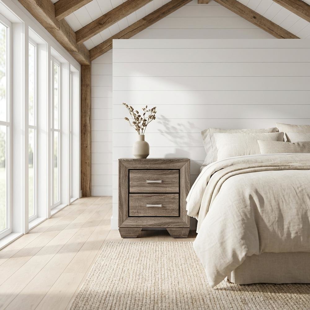 Washed Taupe Bedroom Nightstand with 2 Drawers and Chrome Finish