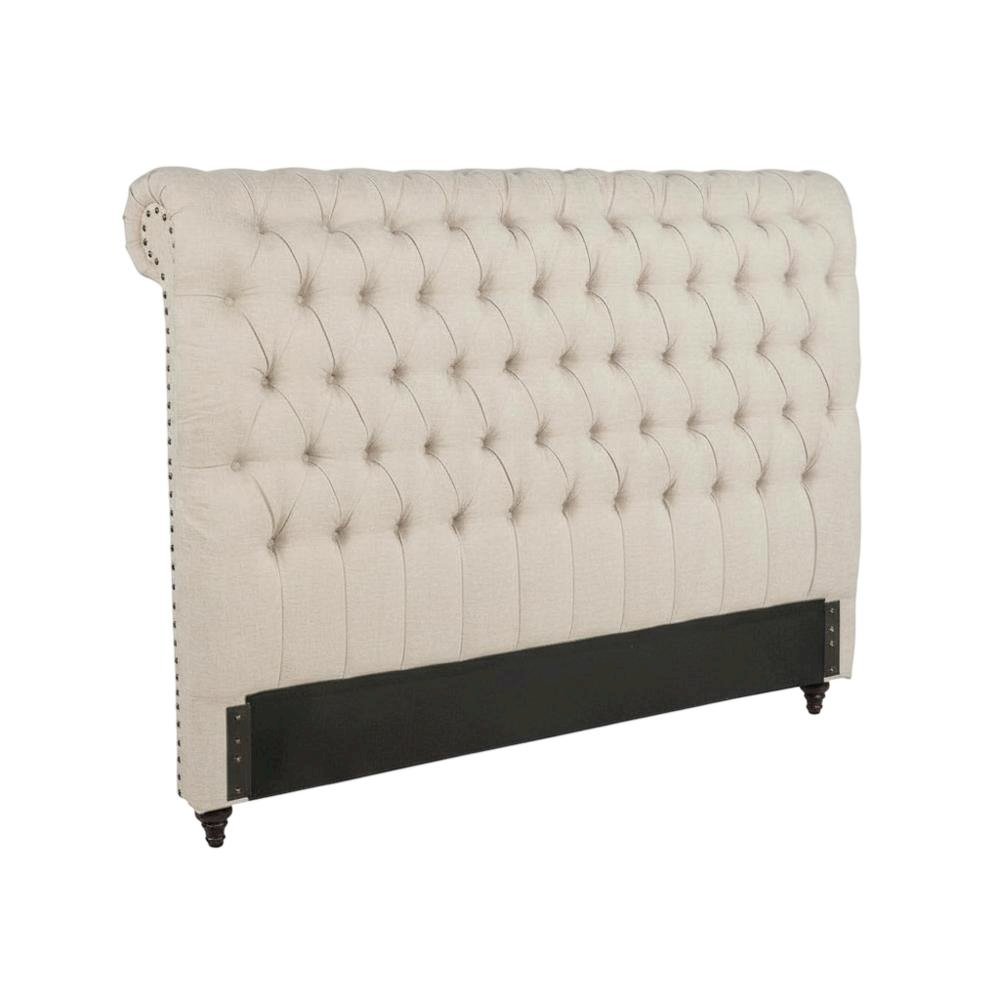 Beige Upholstered Eastern King Headboard, Dark Brown Wood Legs, Classic Design