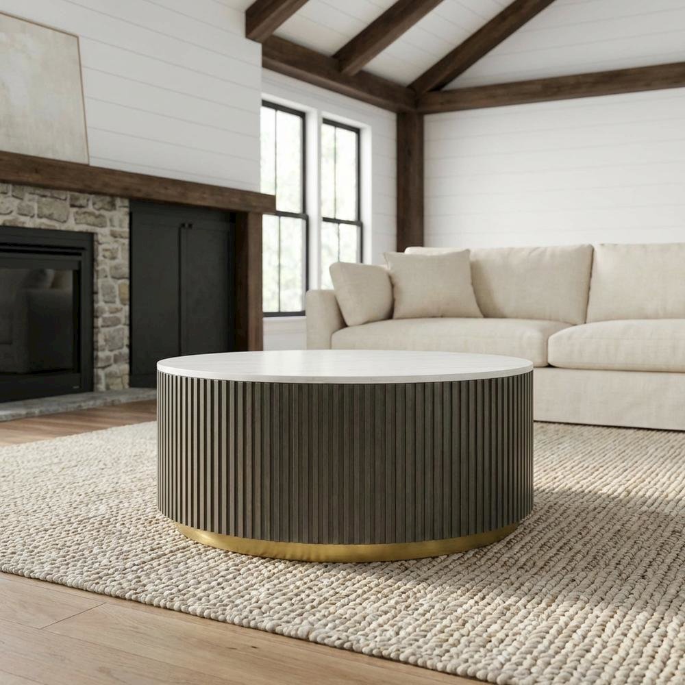 Round White Marble Top Coffee Table, Charcoal Wood Finish Contemporary Design