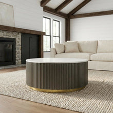 Round White Marble Top Coffee Table, Charcoal Wood Finish Contemporary Design