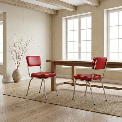 Set of 2 Upholstered Dining Chairs in Red with Chrome Legs for Dining
