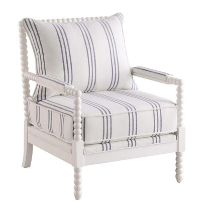 White Upholstered Accent Chair with Navy Spindle Accents for Modern Decor