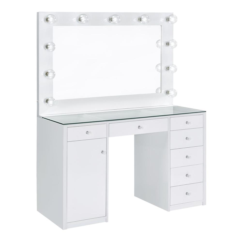 Vanity Desk with Mirror and Lights, 7-Drawer Glass Top Makeup Vanity