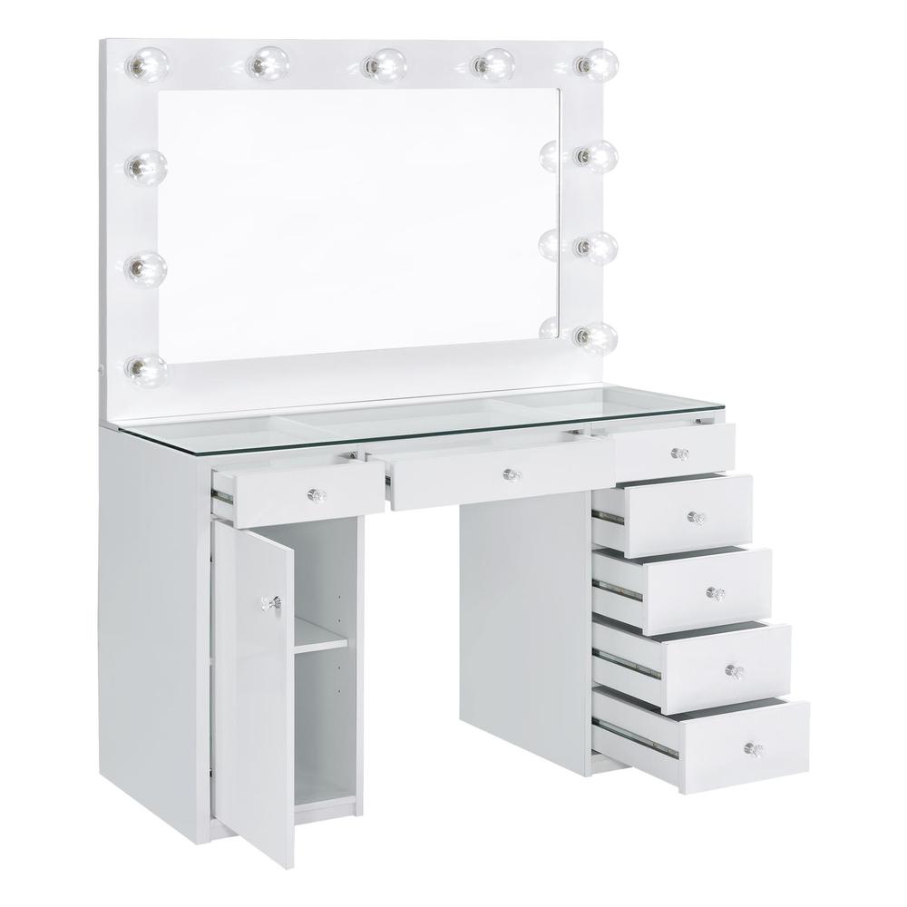 Vanity Desk with Mirror and Lights, 7-Drawer Glass Top Makeup Vanity