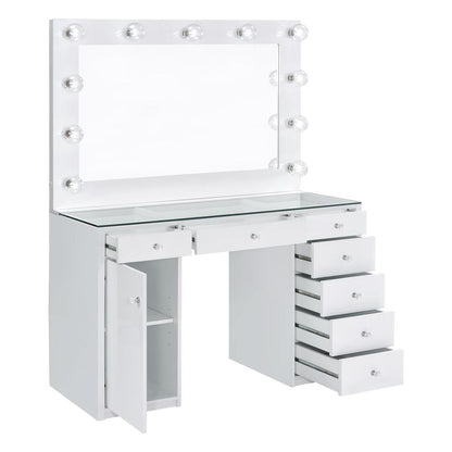 Vanity Desk with Mirror and Lights, 7-Drawer Glass Top Makeup Vanity