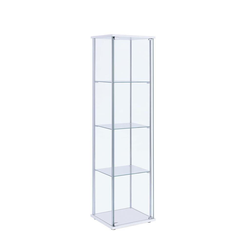 Elegant Rectangular Accent Cabinet with Four Shelves in White and Clear Glass