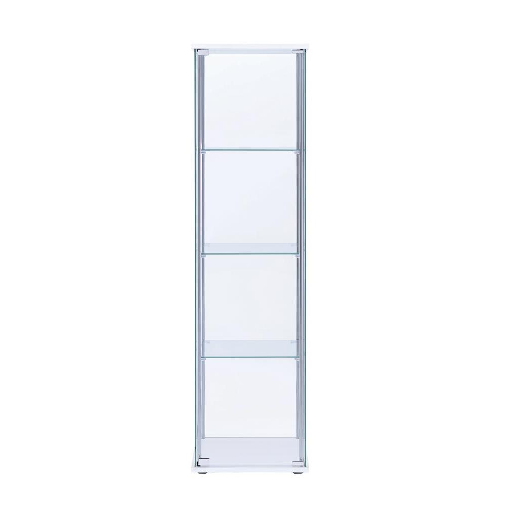 Elegant Rectangular Accent Cabinet with Four Shelves in White and Clear Glass