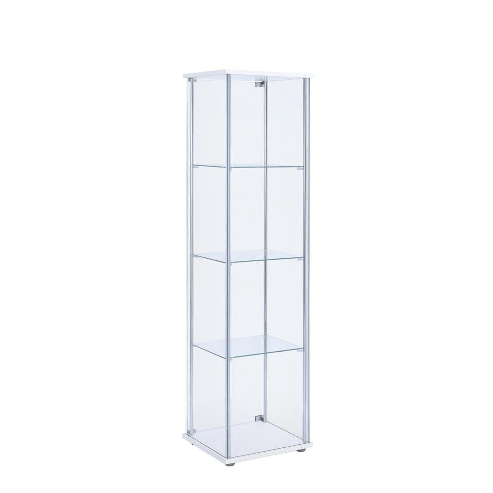 Elegant Rectangular Accent Cabinet with Four Shelves in White and Clear Glass