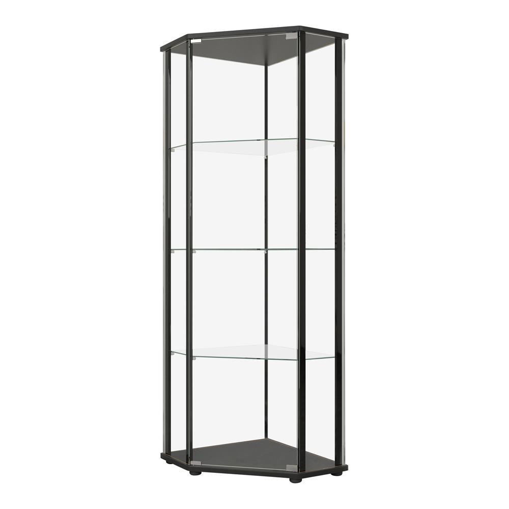 Sophisticated Black Glass Shelf Curio Cabinet with Clear Glass Doors