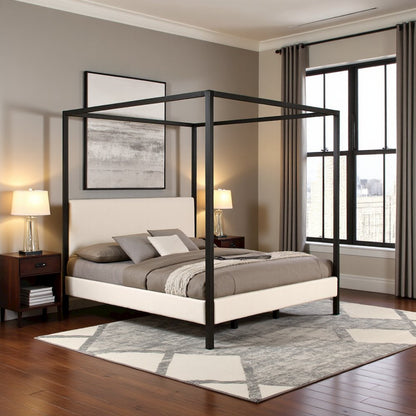 Eastern King Size Canopy Bed Frame with Upholstered Panels in Vanilla Finish