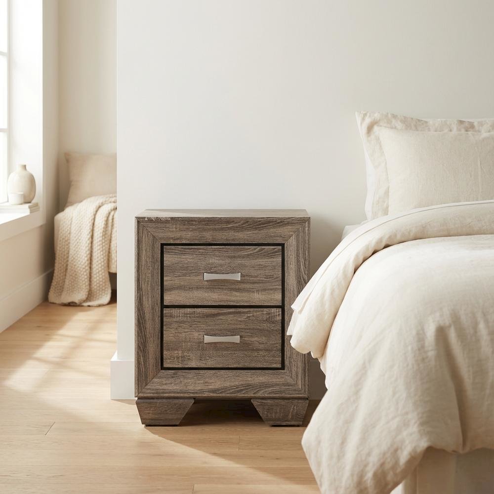 Washed Taupe Bedroom Nightstand with 2 Drawers and Chrome Finish