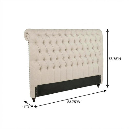 Beige Upholstered Eastern King Headboard, Dark Brown Wood Legs, Classic Design