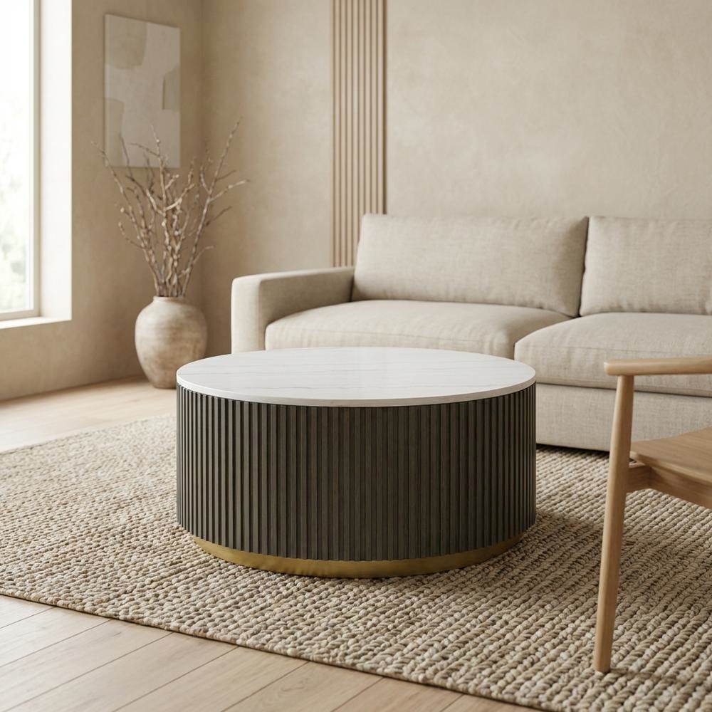 Round White Marble Top Coffee Table, Charcoal Wood Finish Contemporary Design