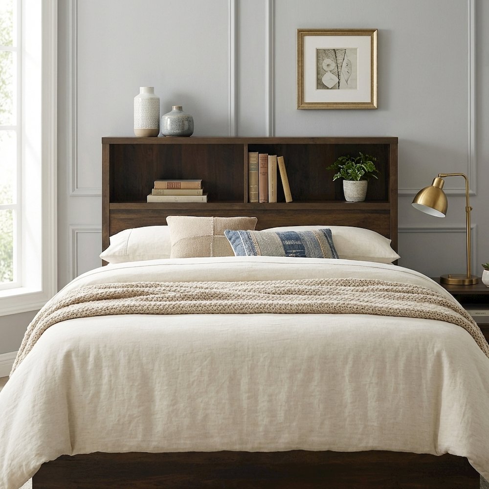 Dark Pine Twin Bookcase Headboard with Plastic Glide and Transitional Design