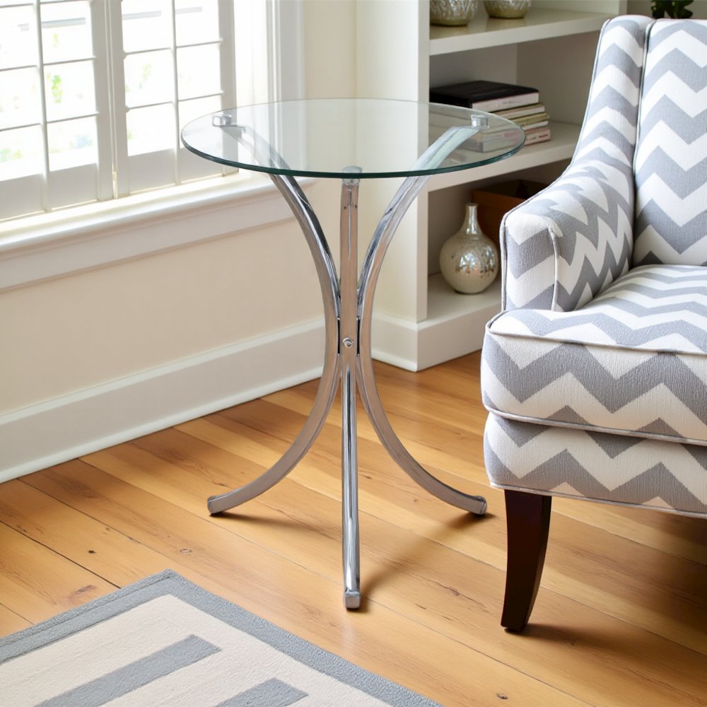 Round Glass Side Table with Chrome Base, Silver Accent End Table Design