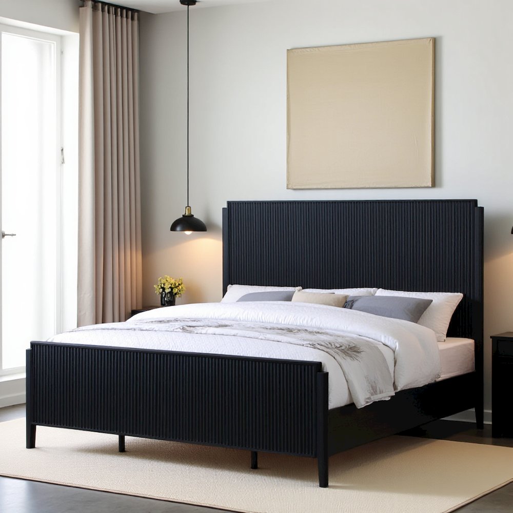 Tall Eastern King Size Bed Frame with Black Platform Base and Fluted Headboard