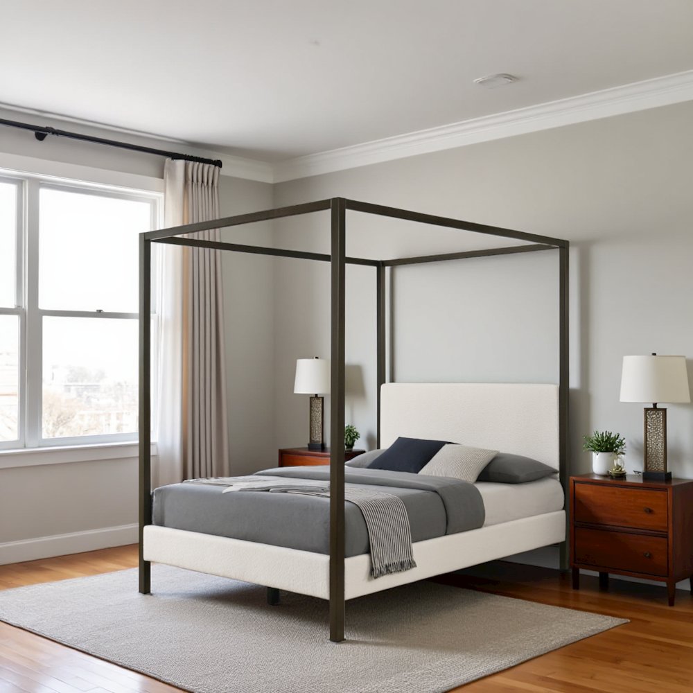 Queen Size Canopy Bed Frame with Upholstered Panels in Vanilla Finish