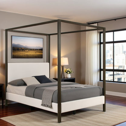 Queen Size Canopy Bed Frame with Upholstered Panels in Vanilla Finish