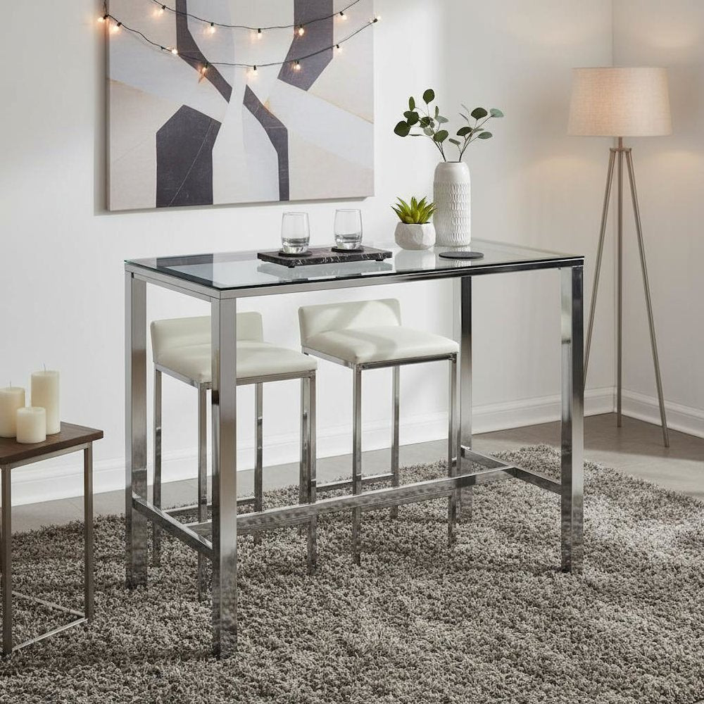 Rectangular Pub Bar Table, Glass Top, Chrome Plated Metal, Contemporary
