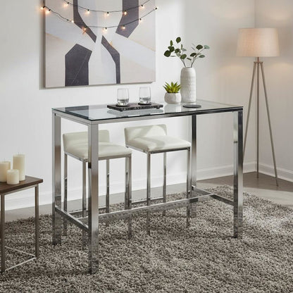 Rectangular Pub Bar Table, Glass Top, Chrome Plated Metal, Contemporary