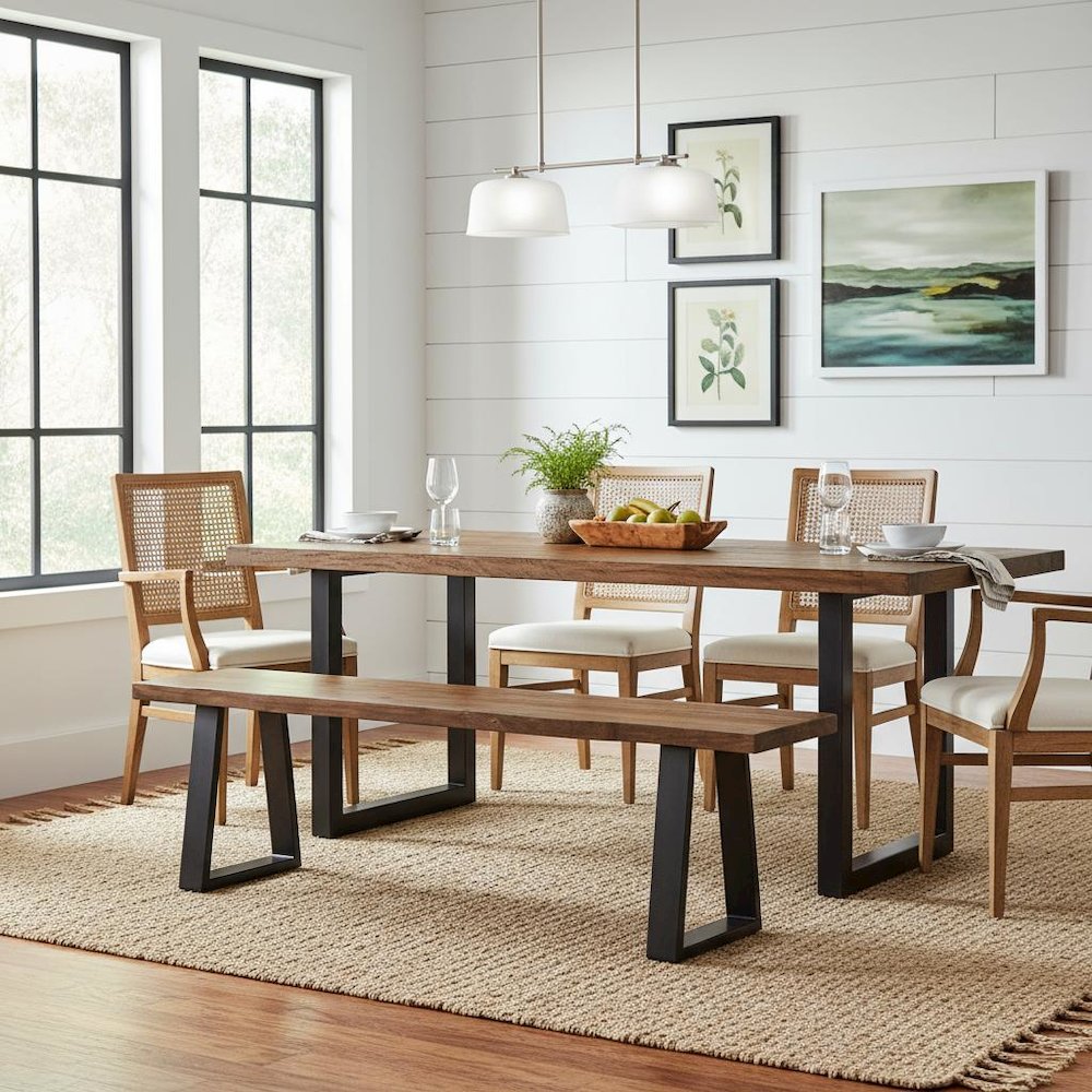 Live Edge Wood Bench, Grey Sheesham, Matte Black Metal Legs, Transitional