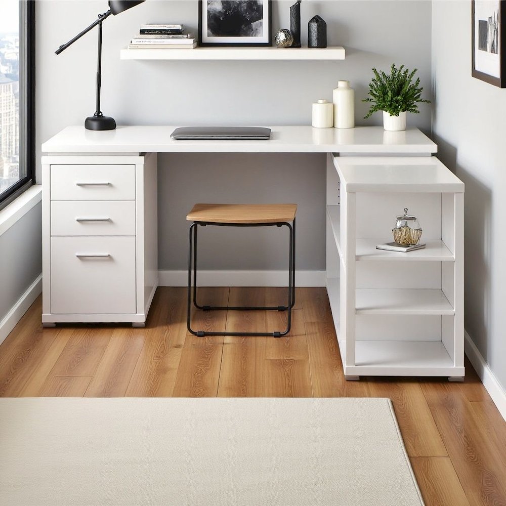 Spacious L-Shaped Office Desk – White Computer Desk with Drawers