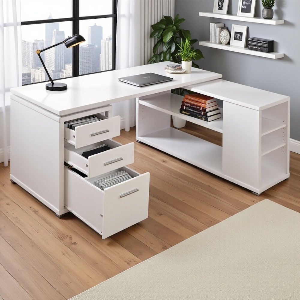 Spacious L-Shaped Office Desk – White Computer Desk with Drawers