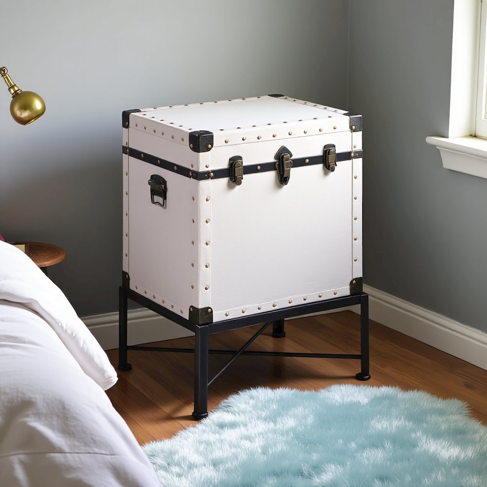 White Accent Cabinet with Nailhead Trim, Storage Trunk, Lift Top End Table