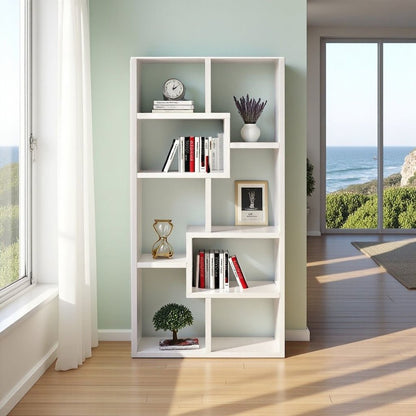 Modern Geometric Bookshelf – Stylish White 71-Inch Multi-Shelf Bookcase