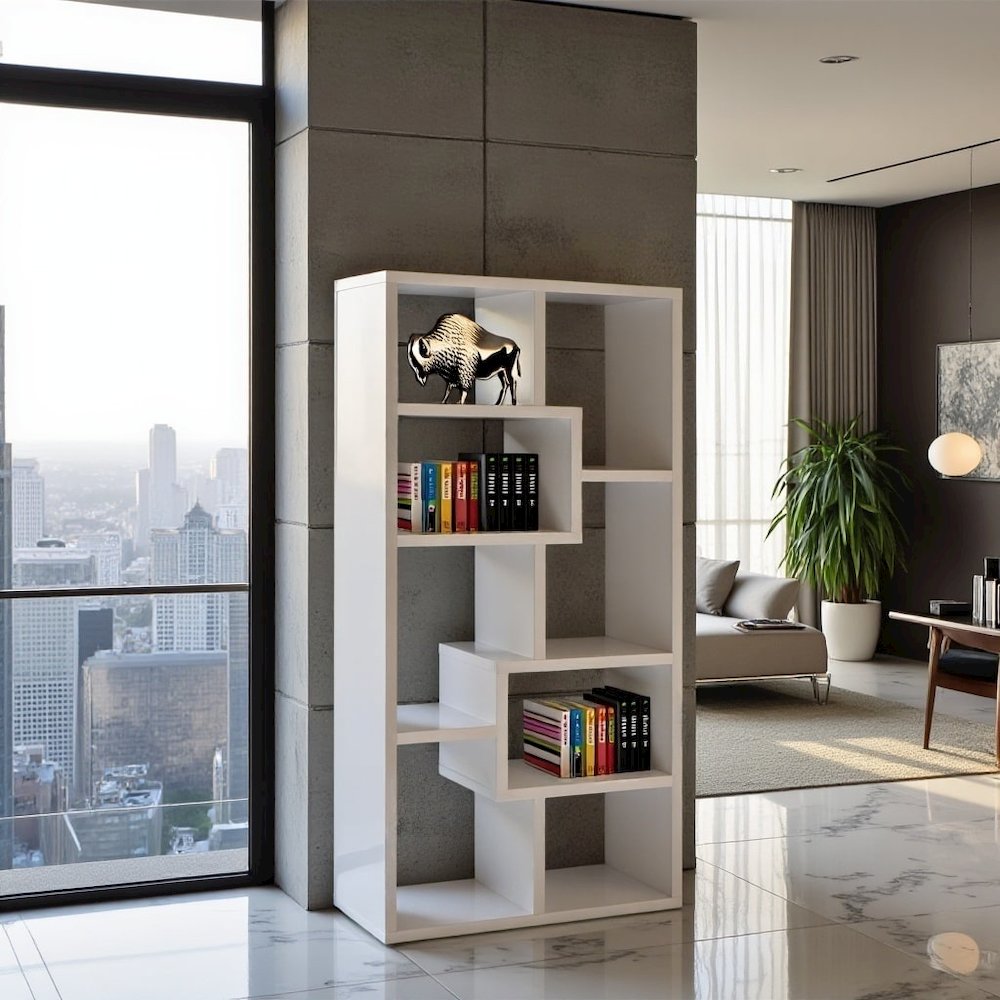 Modern Geometric Bookshelf – Stylish White 71-Inch Multi-Shelf Bookcase