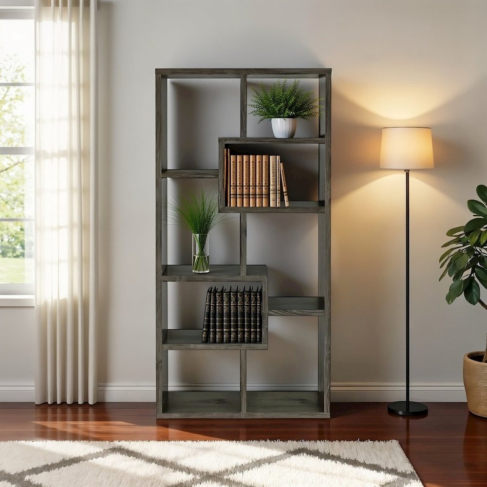 Modern Geometric Bookshelf – Gray 71-Inch Multi-Shelf Bookcase