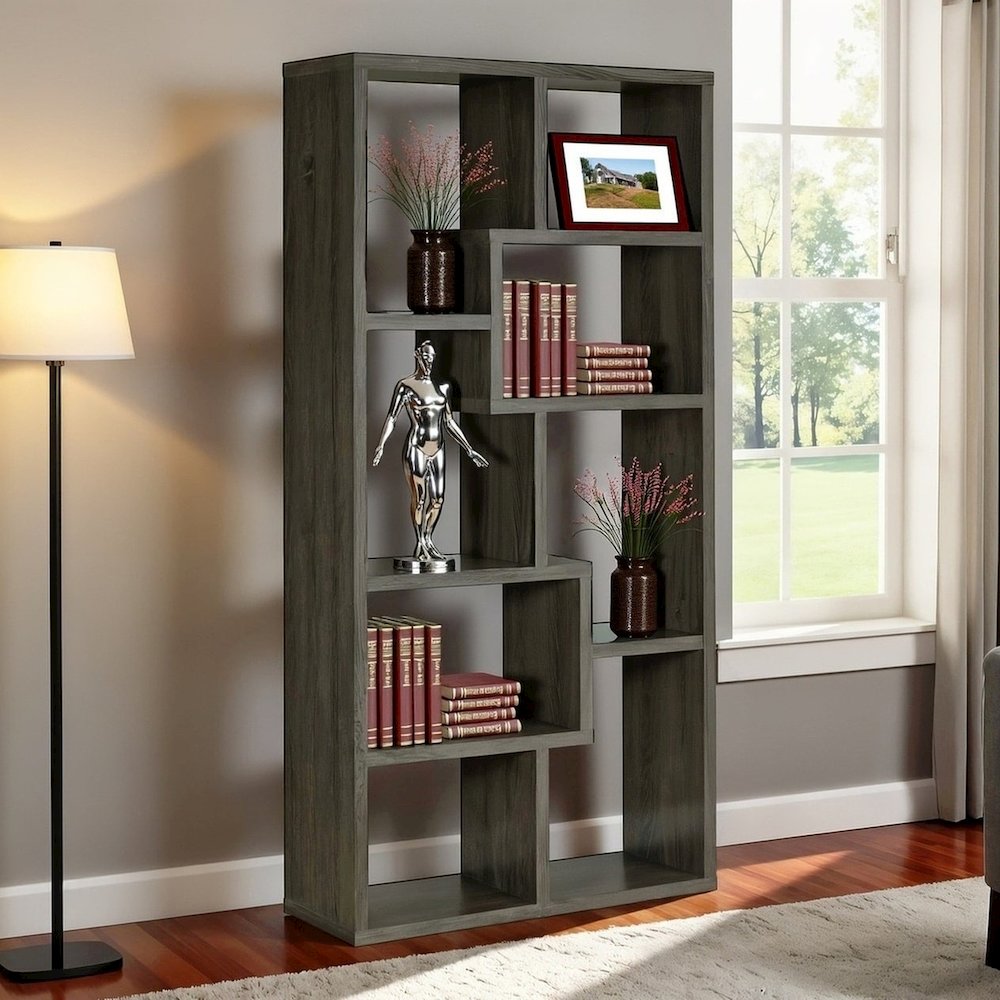 Modern Geometric Bookshelf – Gray 71-Inch Multi-Shelf Bookcase