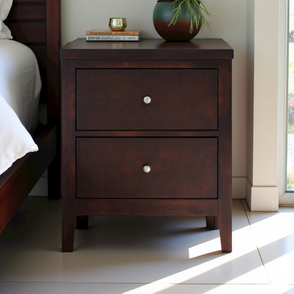 2-Drawer Rectangular Nightstand Cappuccino, Wood Nightstand with Drawers