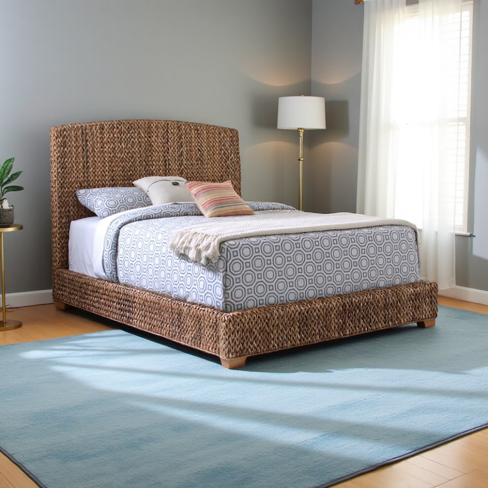 Elegant King Bed Frame with Headboard and Storage in Gold and Rattan