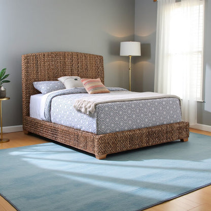 Elegant King Bed Frame with Headboard and Storage in Gold and Rattan