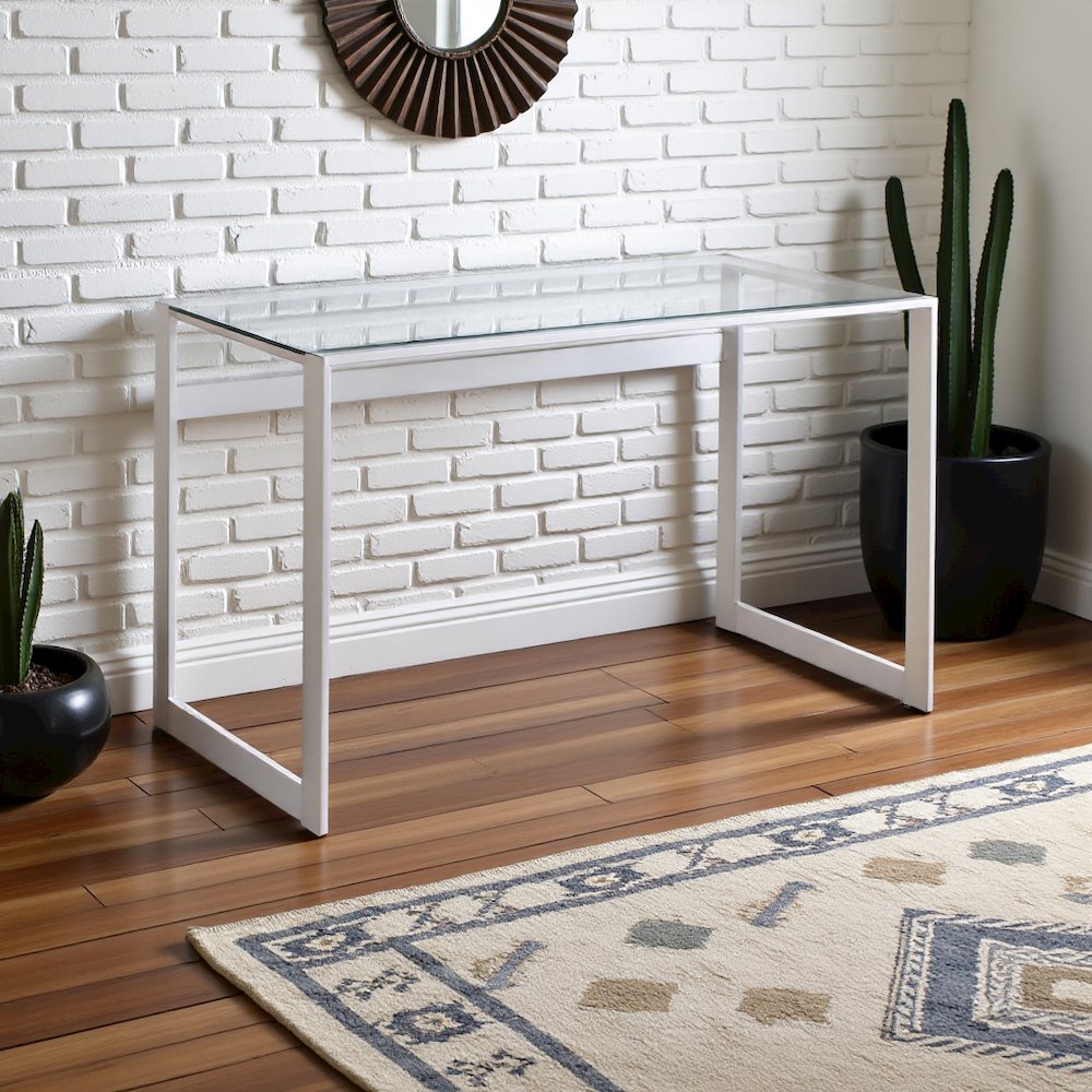 Modern Glass Top Desk with Chrome Metal Legs, Sleek Clear Glass Surface