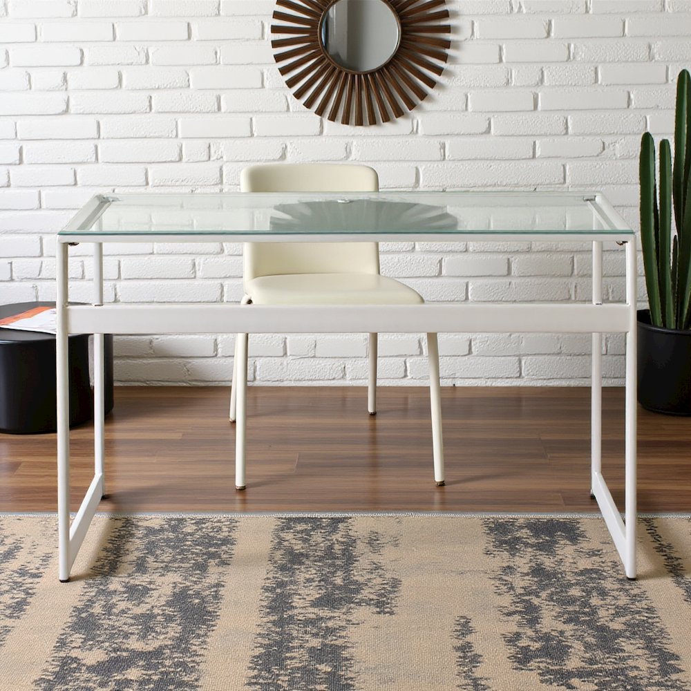 Modern Glass Top Desk with Chrome Metal Legs, Sleek Clear Glass Surface