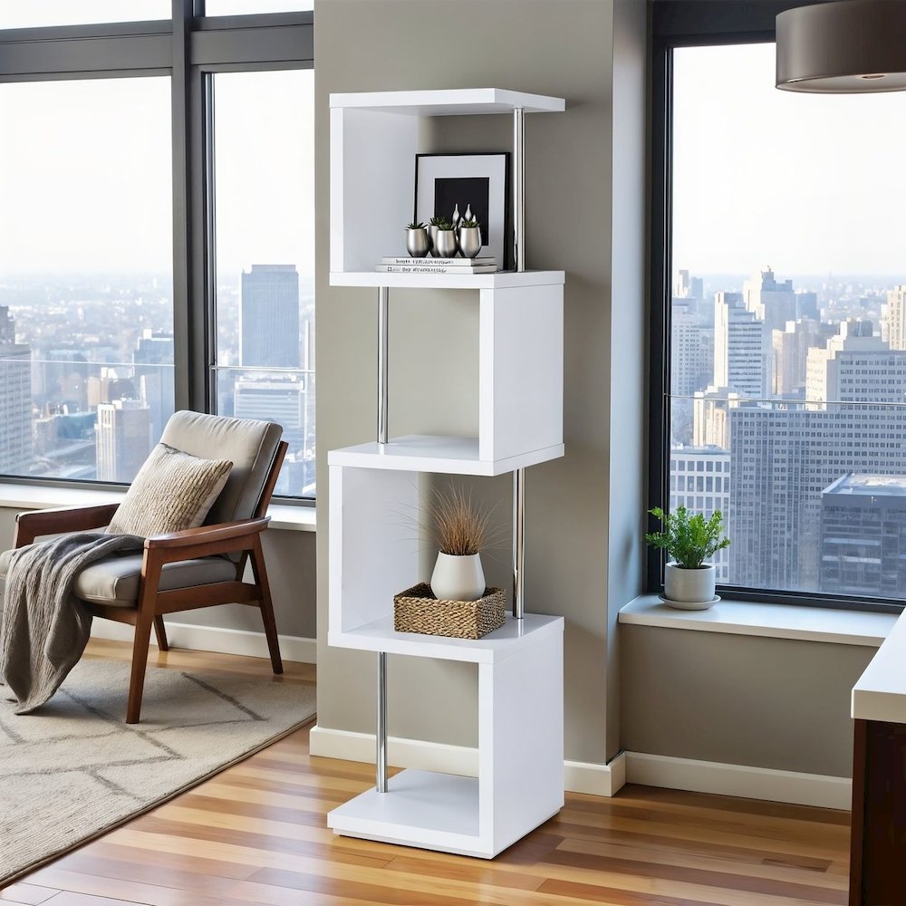 Modern Geometric Bookshelf – Sleek White Bookcase with Four Shelves