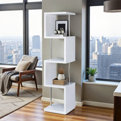 Modern Geometric Bookshelf – Sleek White Bookcase with Four Shelves